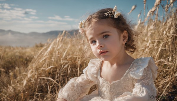 1girl,solo,looking at viewer,short hair,blue eyes,brown hair,hair ornament,long sleeves,dress,upper body,flower,outdoors,parted lips,sky,day,puffy sleeves,cloud,hair flower,white dress,blurry,blue sky,lips,depth of field,blurry background,wind,child,mountain,realistic,field,cloudy sky,scenery,wheat