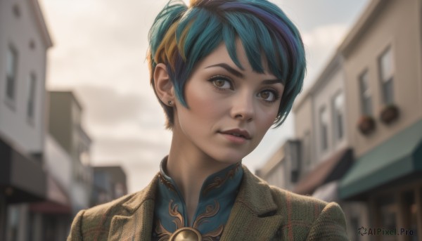 1girl,solo,looking at viewer,short hair,bangs,brown eyes,jewelry,blue hair,jacket,upper body,multicolored hair,hairband,earrings,outdoors,parted lips,teeth,day,blurry,two-tone hair,lips,depth of field,blurry background,brooch,building,portrait,city,realistic,nose,stud earrings,green hair,sky,streaked hair