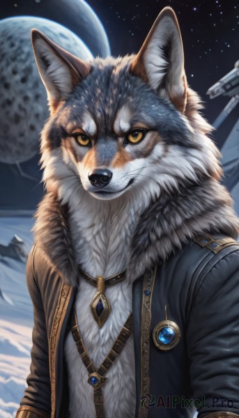 solo,looking at viewer,1boy,animal ears,jewelry,jacket,yellow eyes,upper body,male focus,outdoors,open clothes,sky,artist name,signature,necklace,black jacket,fur trim,no humans,night,animal,moon,brooch,gem,star (sky),night sky,furry,snow,full moon,pendant,starry sky,colored sclera,furry male,body fur,leather,animal focus,white fur,planet,wolf,grey fur,open jacket,fur collar,mountain,realistic,space,earth (planet)