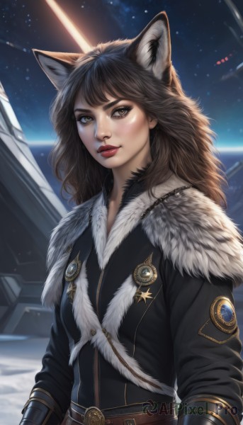 1girl,solo,long hair,looking at viewer,bangs,brown hair,long sleeves,animal ears,brown eyes,closed mouth,jacket,upper body,sky,belt,artist name,cat ears,signature,lips,fur trim,makeup,star (sky),buckle,starry sky,freckles,realistic,nose,red lips,space,leather,planet,black hair,wolf ears,cropped jacket