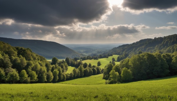 outdoors,sky,day,cloud,water,tree,blue sky,no humans,ocean,sunlight,cloudy sky,grass,nature,scenery,forest,light rays,rock,mountain,sun,horizon,field,sunbeam,landscape,hill