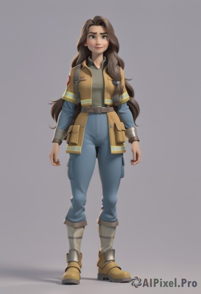 1girl,solo,long hair,breasts,looking at viewer,smile,simple background,brown hair,shirt,long sleeves,brown eyes,very long hair,standing,jacket,full body,boots,parted lips,open clothes,belt,pants,grey background,vest,lips,shadow,denim,pocket,nose,arms at sides,blue pants,blue eyes,jewelry,medium breasts,closed mouth,short sleeves,open jacket,wavy hair,brown footwear,thick eyebrows,buckle,brown jacket,emblem,brown belt,jumpsuit