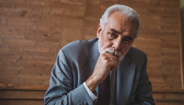 solo,looking at viewer,shirt,long sleeves,1boy,closed mouth,jacket,upper body,white hair,grey hair,male focus,necktie,indoors,hand up,blurry,black eyes,blurry background,facial hair,formal,suit,blue jacket,red necktie,beard,realistic,grey jacket,mustache,hand on own chin,manly,old,old man,wrinkled skin,white shirt,collared shirt,black jacket,grey eyes,parody,black necktie,brick wall