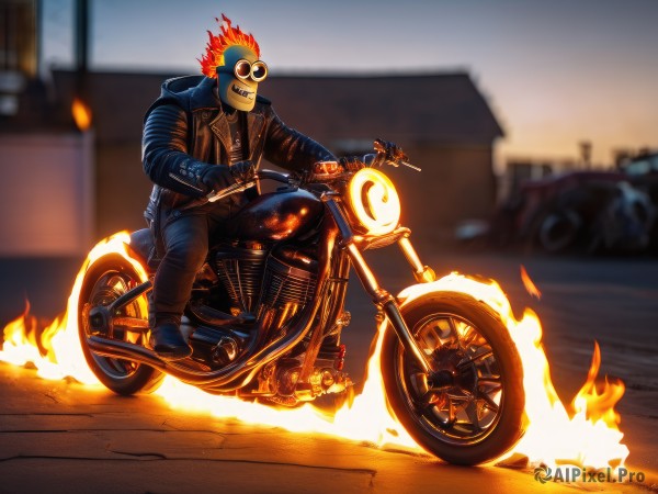 solo,gloves,1boy,holding,jacket,weapon,male focus,red hair,boots,outdoors,open clothes,black gloves,pants,black footwear,blurry,open jacket,black jacket,mask,blurry background,sunglasses,fire,denim,blue jacket,goggles,ground vehicle,motor vehicle,jeans,leather,motorcycle,leather jacket,burning,aviator sunglasses,on motorcycle,sitting,full body,shoes,fingerless gloves,spikes,riding,mohawk