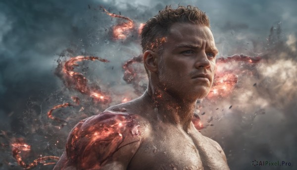 solo, blue eyes, 1boy, closed mouth, upper body, male focus, muscular, fire, smoke, realistic