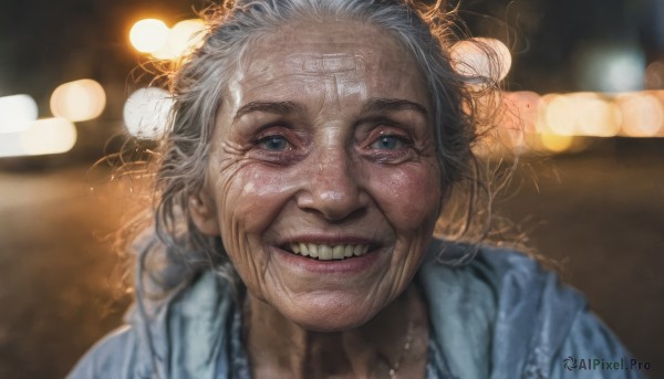 1girl,solo,looking at viewer,smile,blue eyes,grey hair,teeth,grin,blurry,lips,depth of field,blurry background,messy hair,portrait,realistic,nose,old,bokeh,old woman,wrinkled skin,1boy,jewelry,male focus,necklace,scar