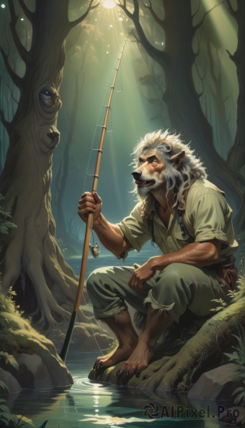 solo,long hair,open mouth,shirt,1boy,holding,animal ears,sitting,white hair,male focus,outdoors,barefoot,pointy ears,pants,water,tree,torn clothes,facial hair,fangs,sunlight,nature,claws,beard,furry,sleeves rolled up,forest,furry male,fishing rod,fishing,holding fishing rod,fishing line,teeth,artist name,watermark,web address,fish,rock,monkey,log