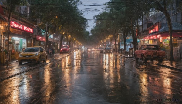 outdoors, sky, cloud, tree, dutch angle, no humans, night, ground vehicle, building, scenery, motor vehicle, reflection, rain, city, sign, car, road, power lines, lamppost, street, puddle