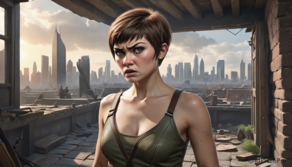 1girl,solo,breasts,looking at viewer,short hair,blue eyes,large breasts,brown hair,cleavage,bare shoulders,jewelry,medium breasts,collarbone,upper body,weapon,earrings,parted lips,sky,cloud,mole,lips,gun,window,cloudy sky,tank top,building,freckles,city,realistic,nose,stud earrings,cityscape,ruins,dirty,strap between breasts,post-apocalypse,bangs,brown eyes,outdoors,sleeveless,makeup,sunlight,lipstick,dirty face