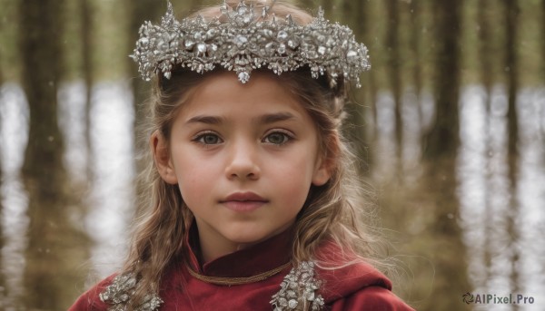 1girl,solo,long hair,looking at viewer,blonde hair,brown hair,closed mouth,flower,blurry,lips,grey eyes,depth of field,blurry background,portrait,nature,snow,freckles,realistic,head wreath,dress,outdoors,eyelashes,forest,nose