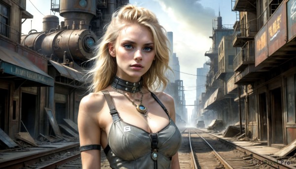 HQ,1girl,solo,long hair,breasts,looking at viewer,blue eyes,blonde hair,large breasts,cleavage,bare shoulders,jewelry,medium breasts,collarbone,upper body,outdoors,parted lips,sky,choker,day,cloud,necklace,mole,collar,lips,cloudy sky,tank top,robot,building,forehead,pendant,freckles,science fiction,mole on breast,injury,city,realistic,nose,dirty,dirty face,steampunk,earrings,armlet,road