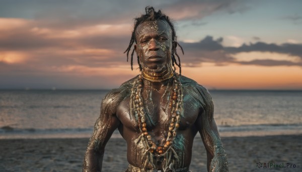 solo,looking at viewer,smile,black hair,1boy,jewelry,closed mouth,nipples,upper body,male focus,outdoors,sky,dark skin,water,necklace,blurry,tattoo,blurry background,ocean,beach,dark-skinned male,pectorals,topless male,sunset,realistic,sand,straight-on,very dark skin,photo background,dreadlocks,closed eyes,cloud,muscular,colored skin,cloudy sky,facing viewer,horizon,black skin,gold chain