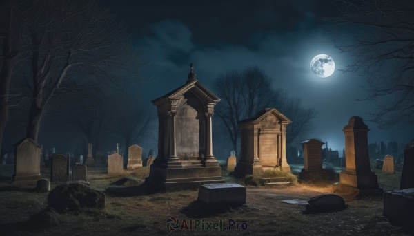 outdoors,sky,cloud,tree,no humans,night,moon,grass,building,nature,night sky,scenery,full moon,ruins,bare tree,tombstone,graveyard,dark,fog,moonlight,grave