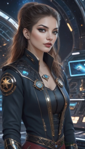 1girl,solo,long hair,breasts,looking at viewer,brown hair,long sleeves,cleavage,brown eyes,jewelry,medium breasts,jacket,upper body,earrings,open clothes,belt,necklace,lips,makeup,pendant,zipper,freckles,science fiction,nose,red lips,stud earrings,ponytail,lipstick,eyeshadow,realistic