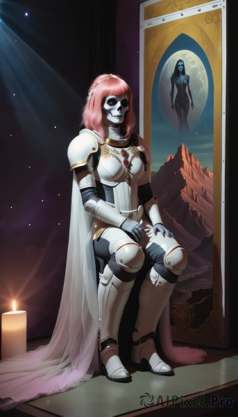 1girl,solo,long hair,looking at viewer,multiple girls,2girls,sitting,full body,pink hair,boots,sky,cape,armor,mask,night,colored skin,moon,shoulder armor,gauntlets,star (sky),full moon,reflection,pauldrons,breastplate,armored boots,candle,greaves,red eyes,jewelry,red hair,fire,cloak,skull,ghost,skeleton