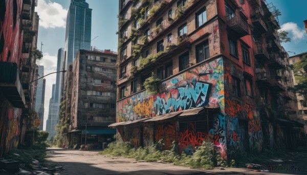 outdoors,sky,day,cloud,tree,blue sky,no humans,window,cloudy sky,plant,building,scenery,city,sign,road,cityscape,ruins,power lines,lamppost,street,skyscraper,poster (object),graffiti,overgrown,post-apocalypse,broken window,grass