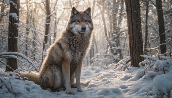 outdoors, day, tree, no humans, animal, nature, snow, forest, dog, realistic, animal focus, winter, bare tree