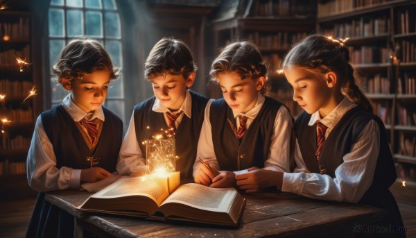 1girl,short hair,shirt,black hair,long sleeves,sitting,closed mouth,school uniform,closed eyes,white shirt,braid,multiple boys,necktie,day,collared shirt,indoors,blurry,vest,book,window,depth of field,blurry background,table,3boys,bug,fire,aged down,red necktie,butterfly,child,light particles,desk,sweater vest,holding book,4boys,black vest,open book,wand,bookshelf,reading,magic,candle,male child,striped necktie,library,wooden table,hogwarts school uniform,long hair,smile,multiple girls,skirt,brown hair,hair ornament,holding,striped,dark skin,2boys,lips,glowing,scar,looking away,looking down,scar on face,floating,realistic,floating object,holding wand,alternate universe,scar on forehead,black robe,levitation