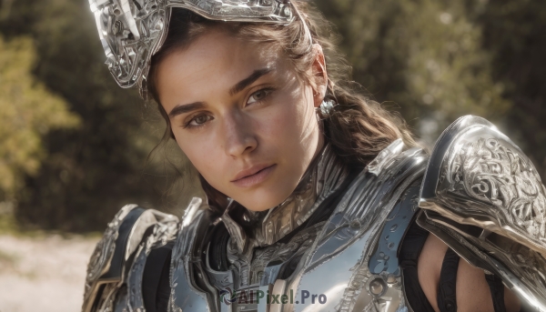 1girl,solo,long hair,looking at viewer,blonde hair,brown hair,brown eyes,jewelry,closed mouth,upper body,earrings,outdoors,parted lips,day,armor,blurry,lips,head tilt,looking to the side,blurry background,helmet,shoulder armor,portrait,pauldrons,breastplate,realistic,chainmail,plate armor,black hair,depth of field,sunlight,nature,freckles,nose