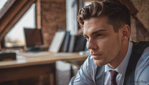 solo,short hair,brown hair,shirt,1boy,brown eyes,closed mouth,white shirt,upper body,male focus,necktie,collared shirt,indoors,blurry,vest,lips,blurry background,facial hair,red necktie,portrait,black vest,realistic,stubble,bookshelf,undercut,black hair,window