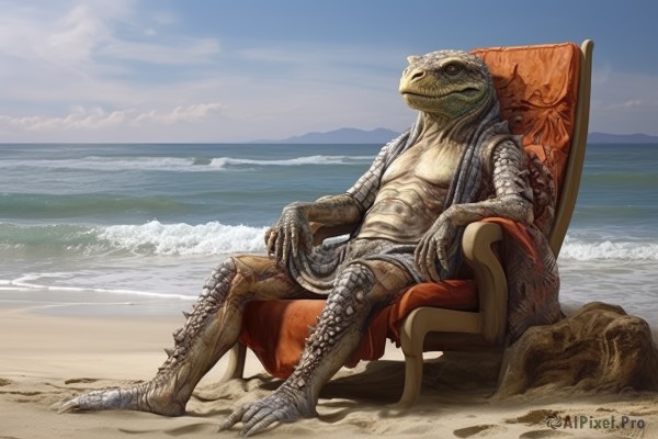 solo,red eyes,sitting,tail,full body,outdoors,sky,day,cloud,water,no humans,ocean,chair,beach,claws,monster,realistic,sand,scales,blue sky,pokemon (creature),colored skin,parody,horizon,shell,throne,alien,fine art parody,turtle,dinosaur,lizard