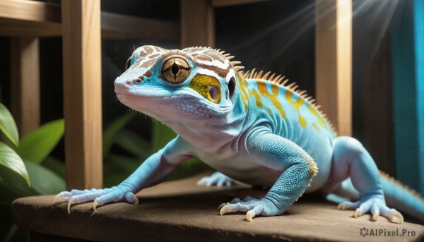 HQ,solo,closed mouth,full body,yellow eyes,teeth,indoors,signature,blurry,no humans,animal,sunlight,plant,claws,monster,realistic,scales,animal focus,whiskers,dinosaur,lizard,standing,blurry background,light rays,turtle