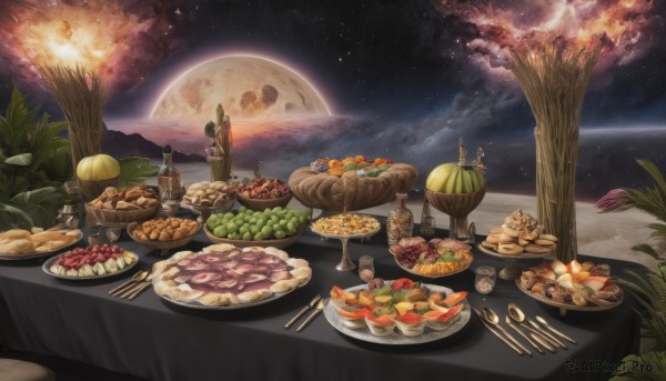 outdoors,food,sky,cloud,tree,cup,no humans,night,fruit,chair,moon,table,bottle,fire,knife,star (sky),night sky,scenery,full moon,plate,alcohol,drinking glass,starry sky,fish,bowl,fork,wine glass,mushroom,bread,planet,wine,meat,wine bottle,food focus,vegetable,cheese,skewer,shrimp,corn,steak,salad,1girl,black hair,1boy,sitting,hair bun,from behind,ocean,single hair bun,plant,spoon,fantasy,palm tree,apple,facing away,space,grapes,earth (planet),tablecloth,pineapple