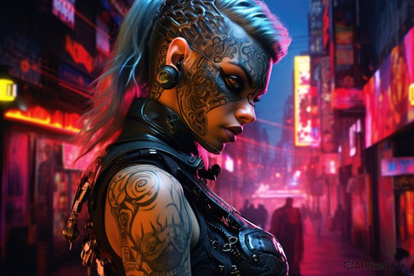 1girl,solo,long hair,breasts,looking at viewer,red eyes,brown eyes,jewelry,medium breasts,upper body,ponytail,earrings,outdoors,solo focus,dark skin,blurry,from side,dark-skinned female,lips,tattoo,profile,makeup,night,blurry background,headband,science fiction,city,realistic,nose,arm tattoo,shoulder tattoo,facial tattoo,cyborg,cyberpunk,dreadlocks,neon lights,bare shoulders,blue hair,sleeveless,orange eyes,eyelashes,mask