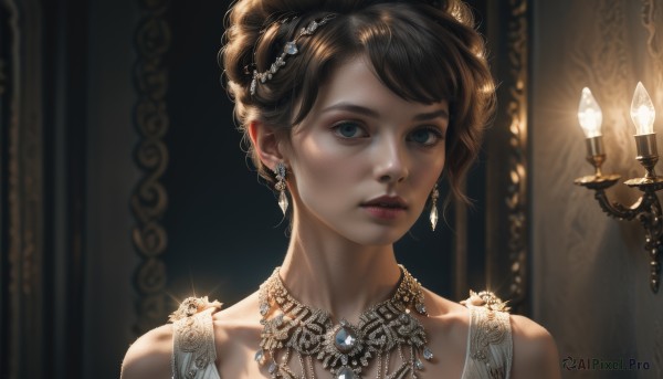 1girl,solo,looking at viewer,short hair,bangs,blue eyes,brown hair,black hair,hair ornament,dress,bare shoulders,jewelry,collarbone,earrings,parted lips,indoors,necklace,hair bun,blurry,lips,gem,portrait,realistic,nose,candle,white dress,eyelashes,single hair bun,candlestand