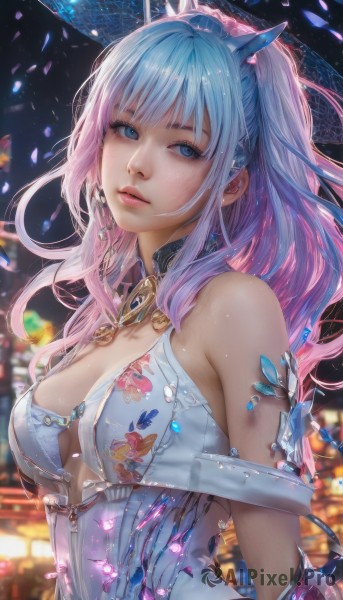 1girl,solo,long hair,breasts,looking at viewer,bangs,blue eyes,dress,animal ears,cleavage,bare shoulders,jewelry,medium breasts,blue hair,upper body,pink hair,multicolored hair,parted lips,horns,blurry,two-tone hair,lips,petals,gradient hair,makeup,blurry background,realistic,ponytail,earrings,sleeveless,artist name,floral print,nose