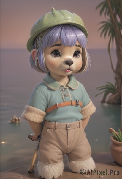 1girl,solo,looking at viewer,smile,short hair,bangs,shirt,hat,holding,animal ears,brown eyes,closed mouth,standing,weapon,purple hair,short sleeves,outdoors,shorts,tongue,collared shirt,belt,artist name,tongue out,blunt bangs,water,blurry,tree,gun,fur trim,buttons,depth of field,blurry background,arms behind back,helmet,blue shirt,plant,child,genderswap,furry,wading,green headwear,green shirt,palm tree,furry female,female child,potted plant,brown shorts,blush,hair ornament,jewelry,sidelocks,cowboy shot,earrings,sky,teeth,shiny,signature,black eyes,shiny hair,flat chest,lips,ocean,watermark,thick eyebrows,light blush,pocket,sunset,realistic,horizon,shirt tucked in,body fur,animal nose,brown fur,two-tone fur,orange sky