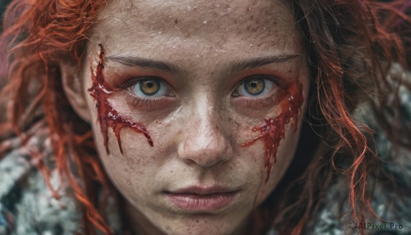 1girl,solo,long hair,looking at viewer,brown hair,brown eyes,closed mouth,red hair,orange hair,blurry,lips,eyelashes,blood,blurry background,portrait,close-up,freckles,blood on face,realistic,nose,eye focus,smile,yellow eyes,scar,forehead