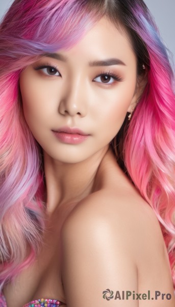 1girl,solo,long hair,breasts,looking at viewer,bangs,simple background,black hair,cleavage,bare shoulders,brown eyes,jewelry,medium breasts,closed mouth,upper body,pink hair,multicolored hair,earrings,black eyes,two-tone hair,lips,eyelashes,gradient hair,makeup,piercing,eyeshadow,realistic,nose,portrait