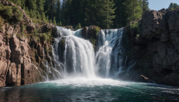 outdoors,sky,day,water,tree,no humans,sunlight,nature,scenery,forest,rock,river,waterfall,cliff,moss,cloud,blue sky,landscape