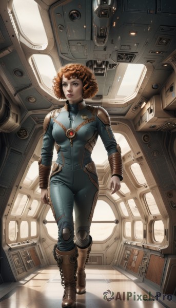 1girl,solo,breasts,looking at viewer,short hair,brown hair,brown eyes,medium breasts,standing,full body,boots,signature,lips,bodysuit,brown footwear,knee boots,walking,science fiction,curly hair,realistic,pilot suit,space,spacecraft,spacesuit,afro,orange hair,looking to the side,watermark,web address,freckles