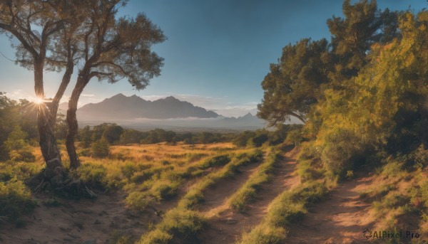 outdoors,sky,day,cloud,signature,tree,blue sky,no humans,sunlight,grass,nature,scenery,forest,sunset,mountain,sun,landscape,mountainous horizon,path,sunrise,light rays,road