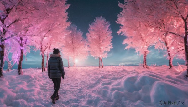 1girl, solo, black hair, long sleeves, pantyhose, outdoors, sky, shoes, bag, from behind, scarf, black footwear, tree, coat, black pantyhose, night, backpack, cherry blossoms, star (sky), night sky, scenery, snow, starry sky, winter clothes, road, winter, lamppost