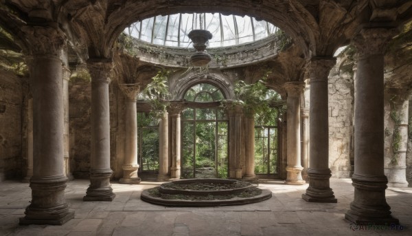 outdoors,day,indoors,tree,no humans,window,sunlight,plant,nature,scenery,stairs,fantasy,architecture,ruins,pillar,statue,arch,column,moss,reflective floor,overgrown