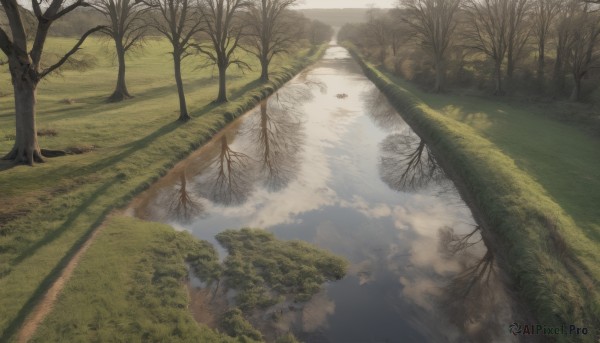 outdoors,sky,day,cloud,water,tree,no humans,sunlight,grass,nature,scenery,forest,reflection,road,river,landscape,lake,reflective water,bush,bare tree,path