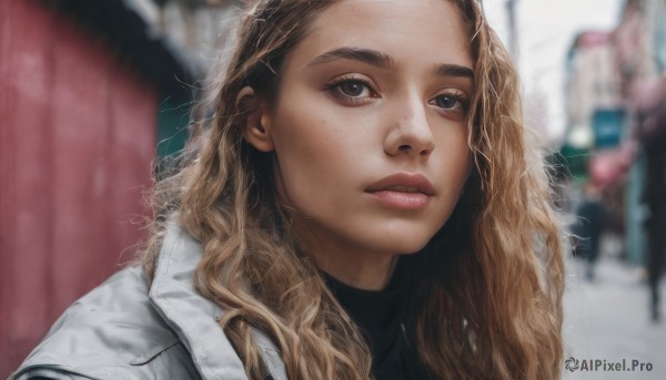 1girl,solo,long hair,looking at viewer,blonde hair,brown hair,brown eyes,jacket,upper body,parted lips,solo focus,blurry,black eyes,lips,coat,depth of field,blurry background,wavy hair,portrait,forehead,freckles,curly hair,realistic,nose,white coat,outdoors,teeth,day,close-up