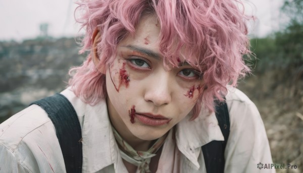 solo,looking at viewer,short hair,bangs,shirt,1boy,closed mouth,white shirt,upper body,pink hair,male focus,outdoors,day,collared shirt,medium hair,blurry,black eyes,lips,grey eyes,blood,depth of field,blurry background,wavy hair,scar,suspenders,messy hair,portrait,injury,blood on face,realistic,blood on clothes,tongue,tongue out,collar,scar on face,licking lips