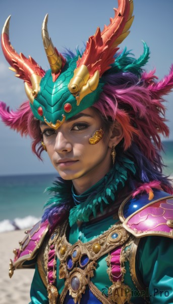 1girl,solo,long hair,looking at viewer,smile,black hair,brown eyes,jewelry,closed mouth,upper body,multicolored hair,earrings,outdoors,horns,sky,day,dark skin,water,armor,blurry,dark-skinned female,blue sky,lips,blurry background,ocean,beach,helmet,feathers,shoulder armor,gem,portrait,pauldrons,realistic,nose,sand,feather hair ornament,winged helmet,hair ornament,necklace,makeup,headdress