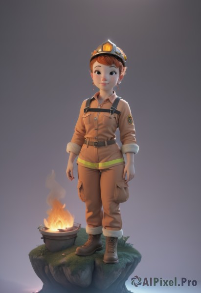 1girl,solo,looking at viewer,smile,short hair,brown hair,hat,brown eyes,jewelry,standing,full body,red hair,earrings,boots,belt,pants,orange hair,black eyes,brown footwear,helmet,fire,goggles,cross-laced footwear,freckles,rock,blush,long sleeves,grass,child,sleeves rolled up,jumpsuit