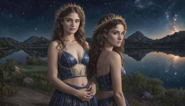 long hair,breasts,looking at viewer,smile,blue eyes,multiple girls,skirt,brown hair,hair ornament,navel,2girls,cleavage,bare shoulders,brown eyes,medium breasts,collarbone,small breasts,outdoors,sky,midriff,looking back,water,star (symbol),lips,blue skirt,night,siblings,wavy hair,own hands together,grass,sisters,star (sky),nature,night sky,dual persona,starry sky,reflection,curly hair,twins,rock,mountain,realistic,lake,constellation,milky way,dress,crown