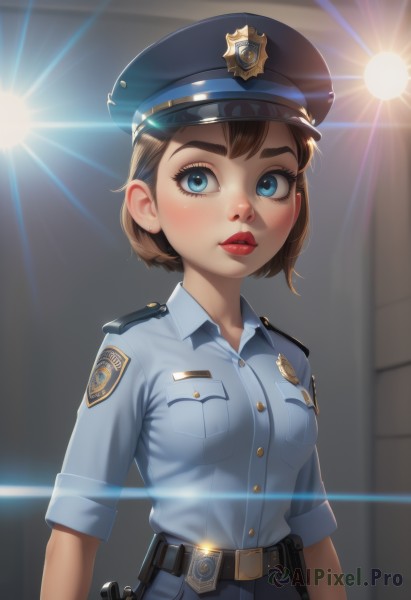 1girl,solo,breasts,looking at viewer,blush,short hair,blue eyes,brown hair,shirt,hat,upper body,weapon,short sleeves,small breasts,parted lips,teeth,collared shirt,belt,uniform,lips,gun,thick eyebrows,blue shirt,handgun,blue headwear,pocket,pouch,red lips,breast pocket,holster,badge,belt pouch,police,police uniform,policewoman,police hat,walkie-talkie,bangs,jewelry,medium breasts,closed mouth,earrings,pants,eyelashes,makeup,buttons,lipstick,genderswap,buckle,genderswap (mtf),backlighting,freckles,epaulettes,belt buckle,nose,arms at sides,blue pants,light