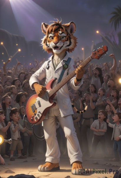 looking at viewer,short hair,open mouth,shirt,holding,animal ears,standing,jacket,tail,full body,white shirt,male focus,outdoors,multiple boys,sky,shoes,shorts,teeth,solo focus,collared shirt,pants,artist name,tree,night,fangs,watermark,phone,sharp teeth,instrument,child,night sky,microphone,furry,6+boys,white pants,music,guitar,furry male,male child,body fur,singing,badge,playing instrument,holding instrument,animal nose,electric guitar,crowd,whiskers,stage,spotlight,stage lights,buck teeth,people,concert,audience,multiple girls,black hair,long sleeves,hat,necktie,belt,blurry,arm up,crossed arms,white jacket,pointing,sleeves rolled up,pocket,watch,wristwatch,breast pocket,tiger ears,dancing,tiger tail,tiger,tiger girl,year of the tiger,plectrum,tiger boy,tiger stripes