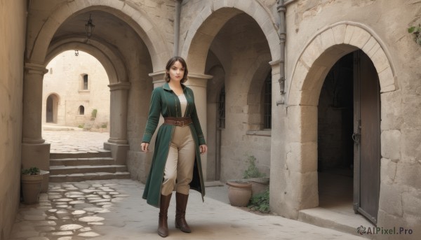 1girl,solo,breasts,looking at viewer,smile,short hair,brown hair,shirt,black hair,long sleeves,brown eyes,medium breasts,closed mouth,standing,full body,boots,outdoors,belt,pants,lips,coat,window,brown footwear,knee boots,plant,building,clenched hands,walking,stairs,door,arms at sides,potted plant,brown pants,arch,pants tucked in,jewelry,day,scenery,green jacket,brown belt,wide shot,pillar,green coat