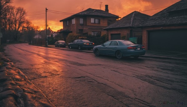 outdoors,sky,cloud,tree,no humans,ground vehicle,building,scenery,motor vehicle,sunset,car,road,house,vehicle focus,power lines,street,utility pole,evening,orange sky,dusk,window,cloudy sky,twilight