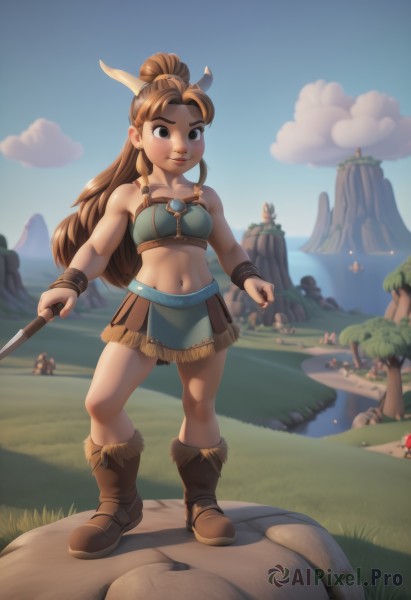 1girl,solo,long hair,breasts,looking at viewer,smile,skirt,brown hair,navel,holding,bare shoulders,brown eyes,jewelry,medium breasts,closed mouth,standing,collarbone,full body,ponytail,weapon,earrings,boots,outdoors,sky,solo focus,day,midriff,artist name,cloud,signature,miniskirt,water,holding weapon,tree,blue sky,lips,crop top,strapless,muscular,brown footwear,abs,knee boots,grass,high ponytail,polearm,wristband,toned,spear,rock,muscular female,tube top,giant,holding polearm,multiple others,giantess,river,mountain,cliff