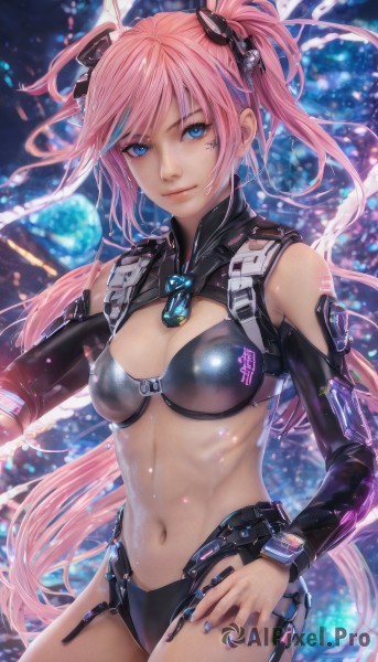 1girl,solo,long hair,breasts,looking at viewer,smile,bangs,blue eyes,hair ornament,navel,cleavage,twintails,medium breasts,very long hair,closed mouth,swimsuit,pink hair,bikini,cowboy shot,detached sleeves,midriff,shiny,stomach,nail polish,lips,hand on hip,clothing cutout,tattoo,headgear,blue nails,science fiction,blue hair,multicolored hair,black bikini,facial mark